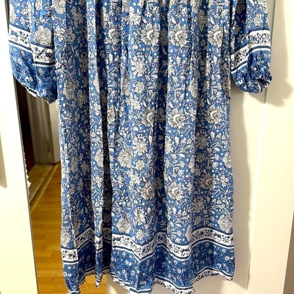 R. Vivimos Blue & White Floral Boho Print Long  Sleeve V Neck with Tassels Dress - Picture 12 of 12
